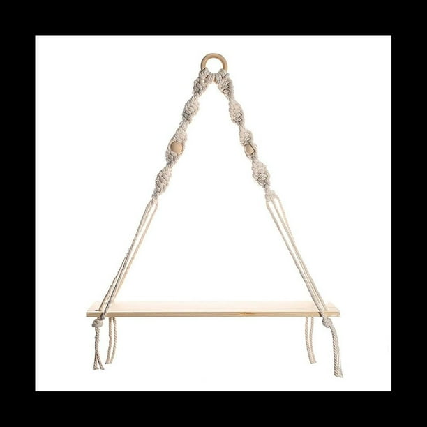 Estante Colgante de Pared de Macramé, Estantes de Pared de Madera Estilo Bohemio con Cuentas de Madera, Estante Flotante de Granja, Estante RúStico para Plantas Colgantes