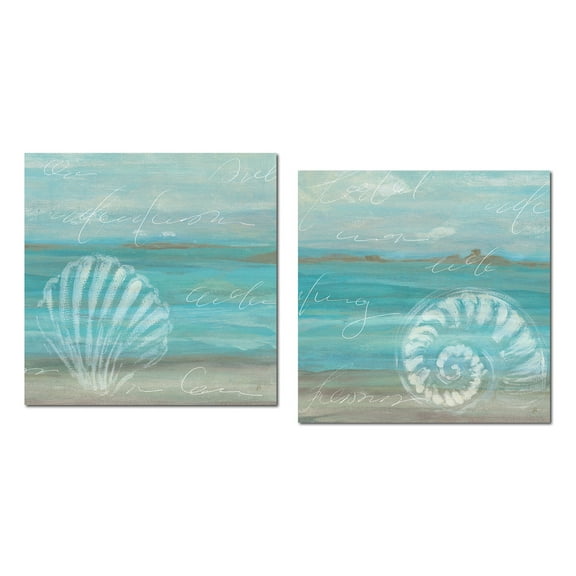 Beautiful Teal and Taupe Abstract Coastal Beach and Shell Set by Daphne Brissonnet; Two 12x12in Paper Posters