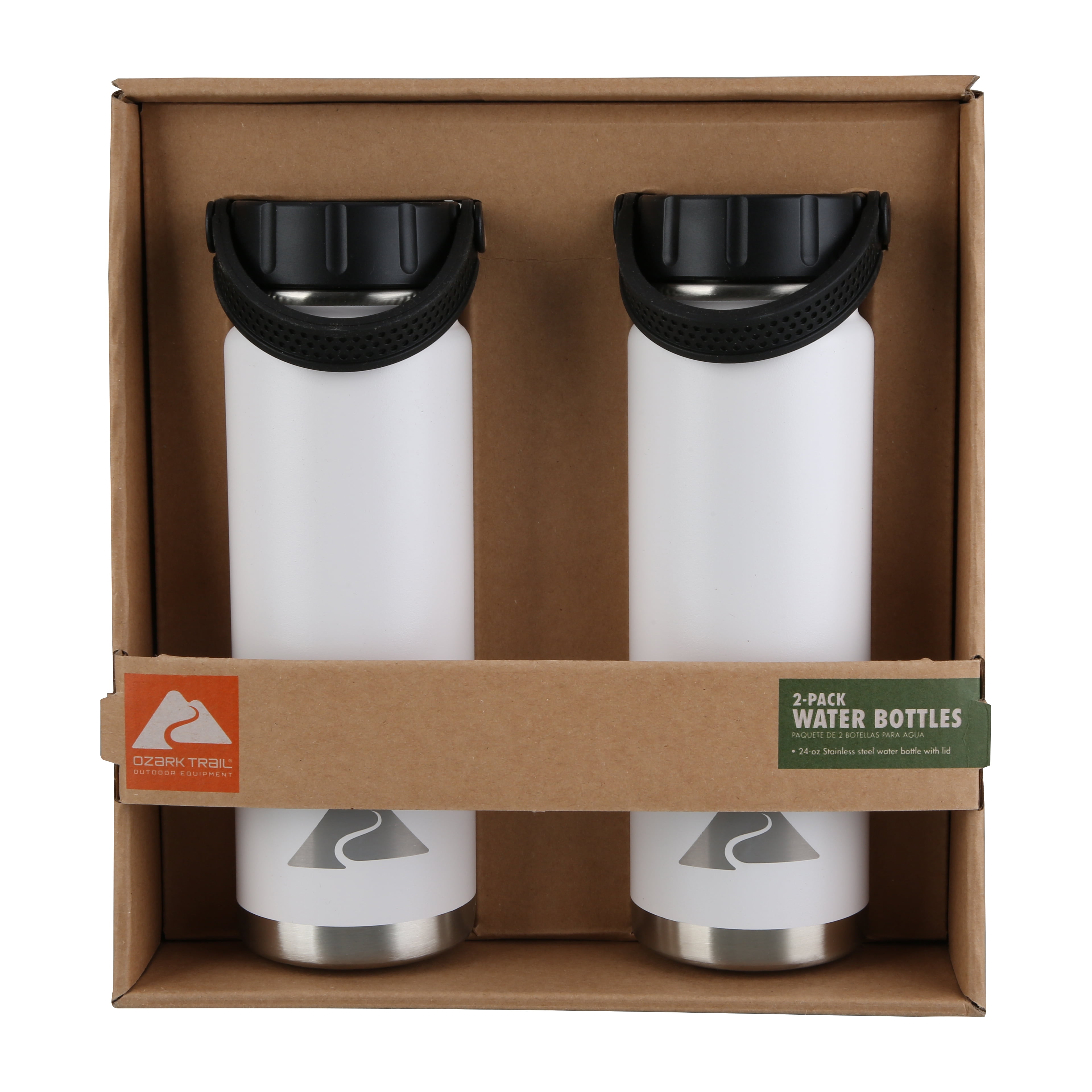 Ozark Trail 24 Ounce Double Wall Vacuum Sealed Stainless Steel Water Bottle, 2 Pack, Artic White