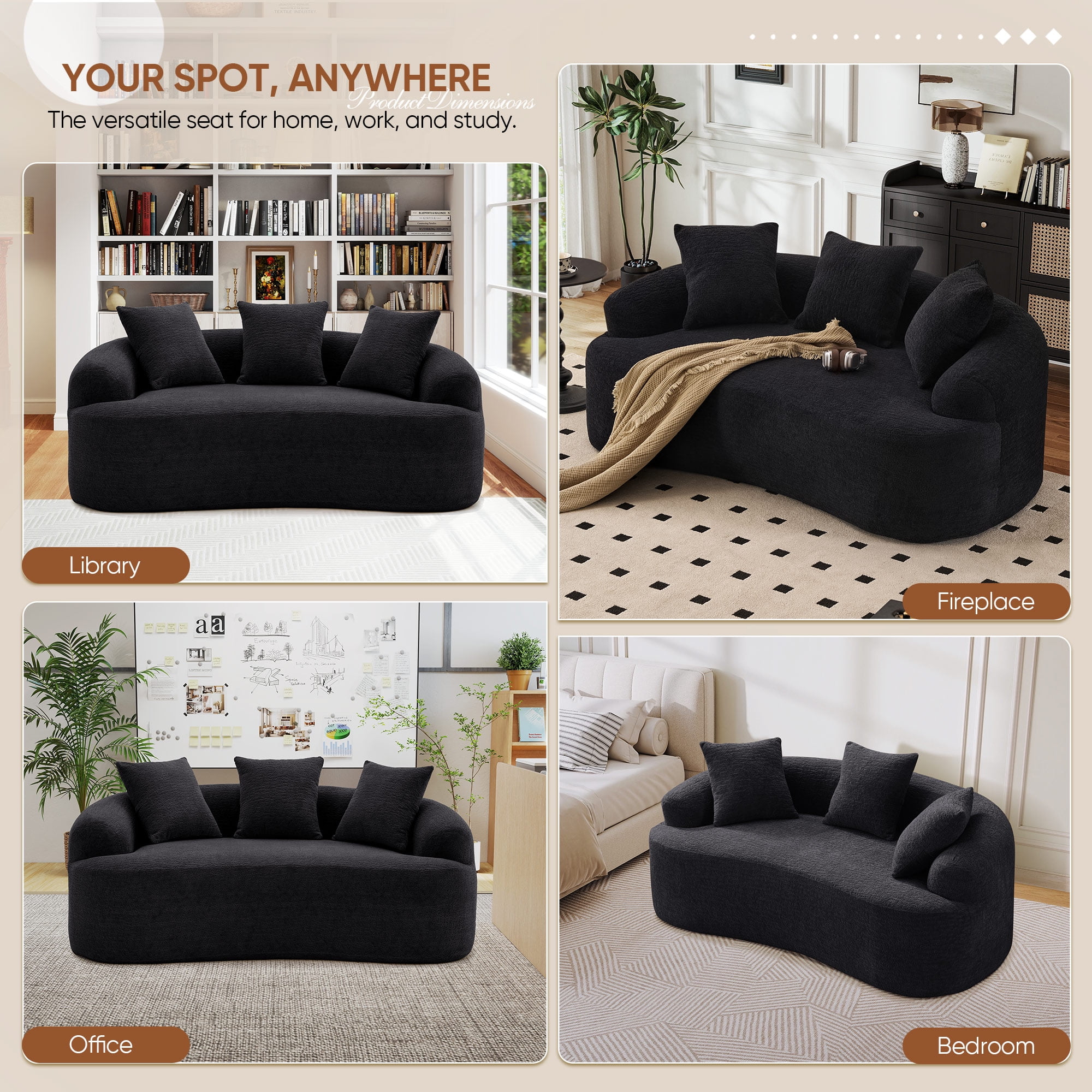 Timbernest 65" Loveseat Sofa, 2-Seat Chenille Cloud Couch, Modular Curved Sofa for Living Room, Black