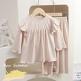 thumbnail image 2 of Girls Pajamas Spring Summer Soft Comfy Long Sleeve Solid Sleepwear Tops Shorts Set Baby Girls Outfits Beige 2 Years-3 Years, 2 of 4