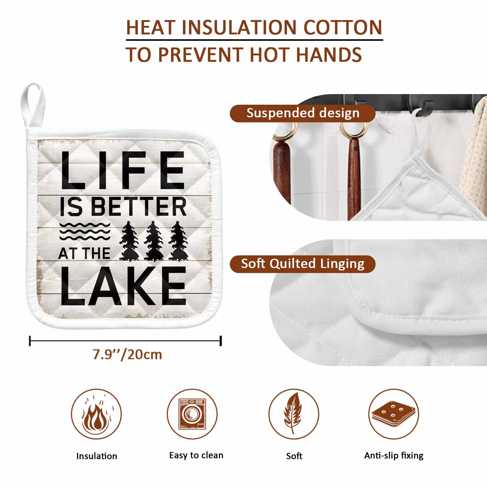 Life Is Better at The Lake Pot Holders for Kitchen Heatproof Potholder, 5 Pack Rustic Black Artistic Aesthetics Hot Pads Multipurpose Oven Pads Cloth Potholders Trivet for Cooking Baking