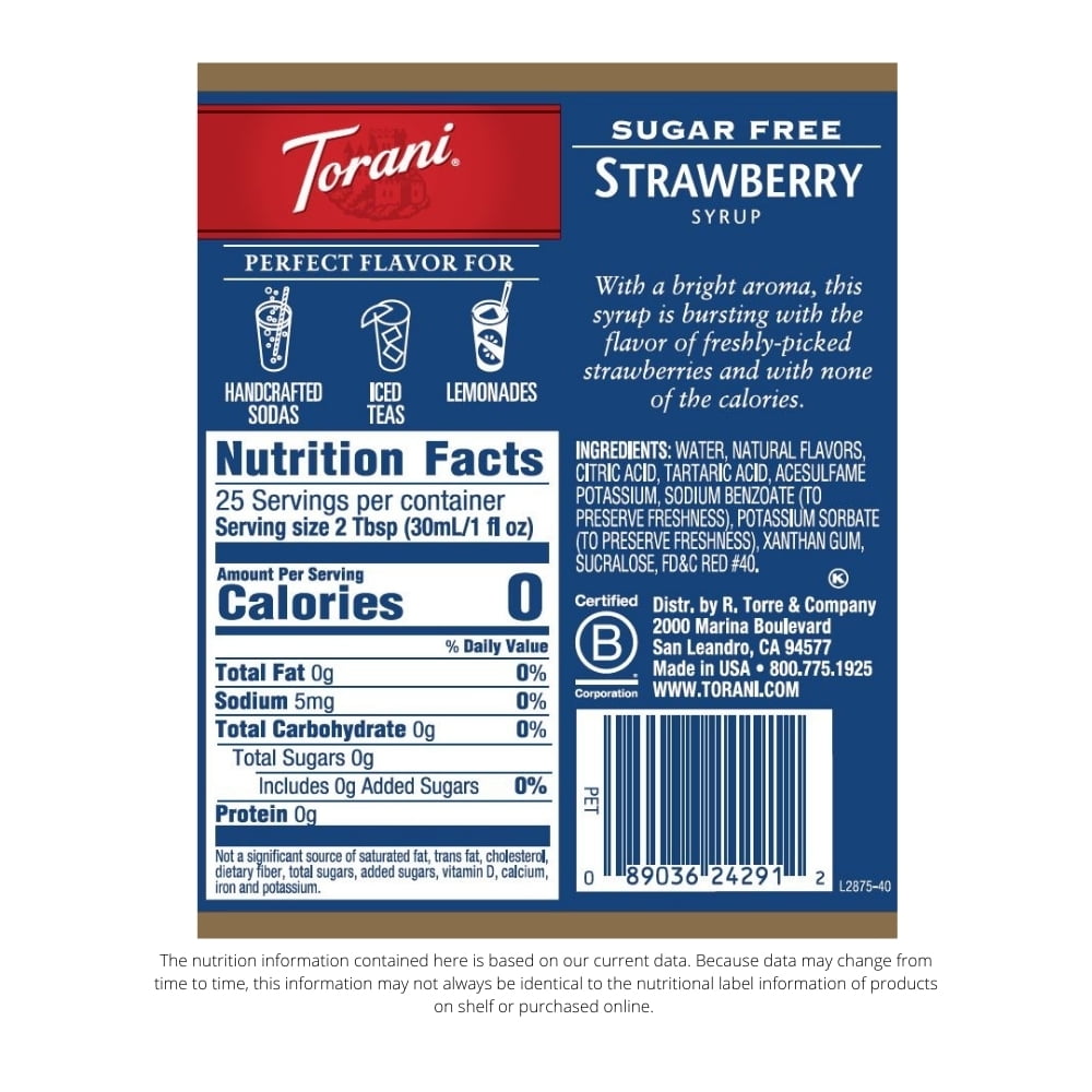 Torani Sugar Free Strawberry Syrup, 25.4 Fl Oz