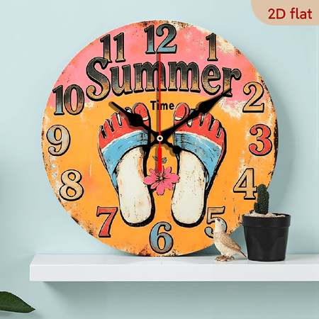 2D flat, a 10-inch wooden round wall clock, Flip Flops design. Perfect for bedroom, living room, office decoration. Ideal as a Father's Day gift.
