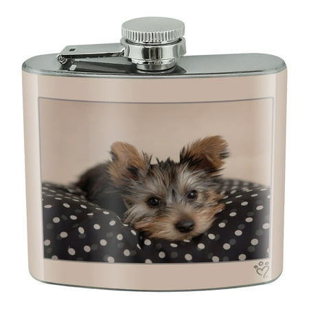 

Yorkie Yorshire Terrier Puppy Dog on a Spotted Cushion Stainless Steel 5oz Hip Drink Kidney Flask