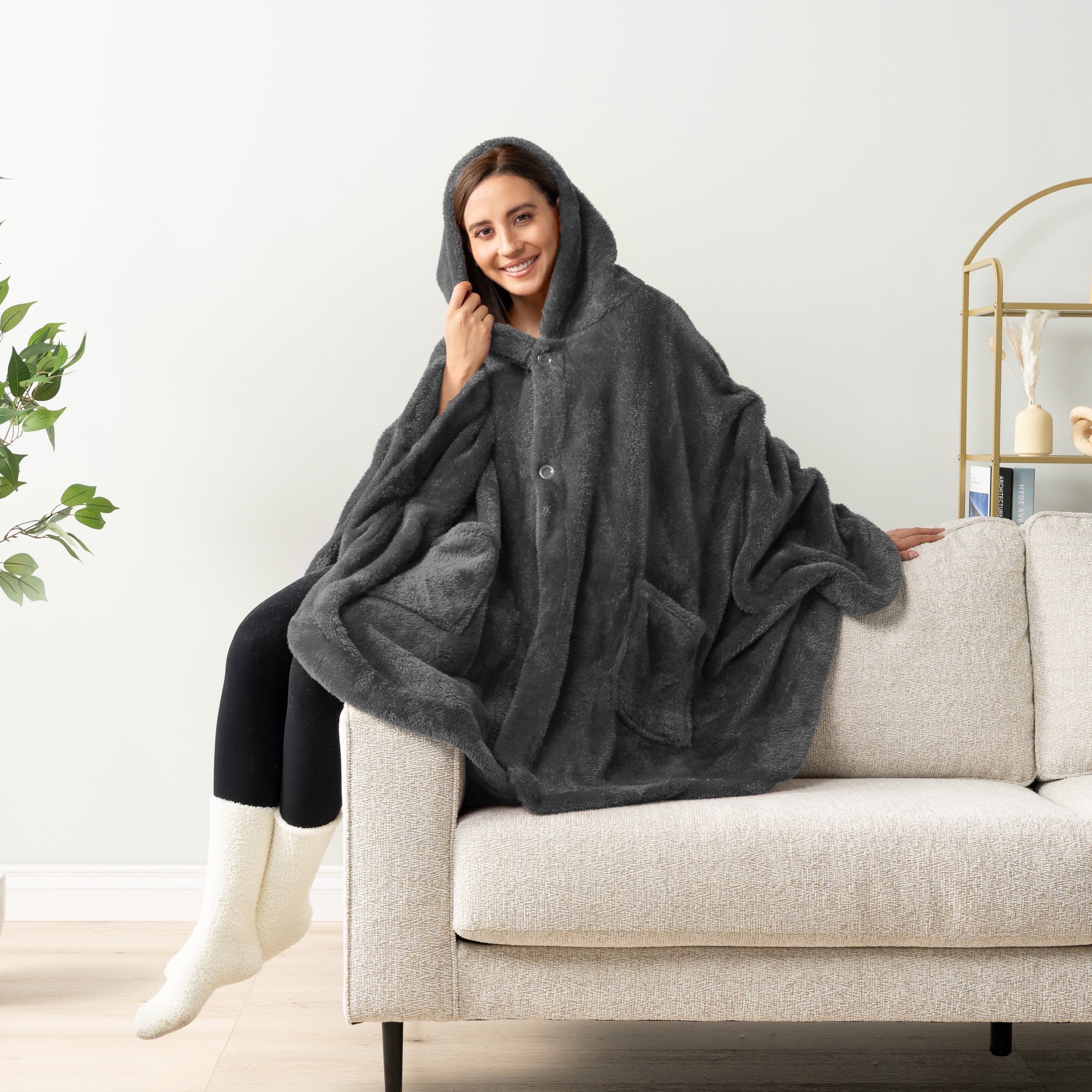 PAVILIA Angel Wrap Hooded Blanket Poncho, Wearable Blanket Throw Wrap Poncho for Women Adult, Cozy Fluffy Sherpa Fleece Shawl Cape with Hood pockets, Warm Gift for Mom Wife, Dark Gray