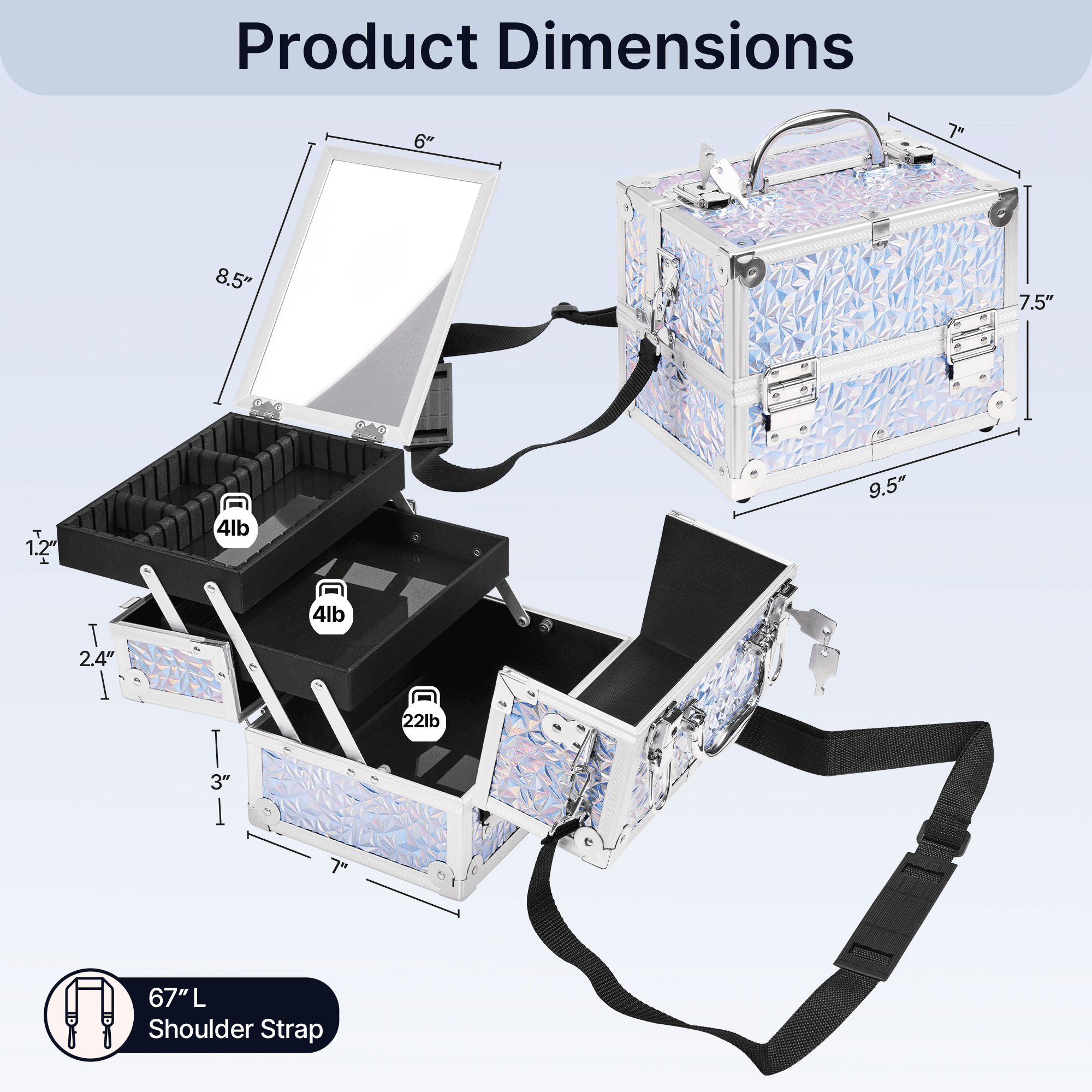 Alden Design Lockable Makeup Train Case with Mirror and 2 Trays, Silver