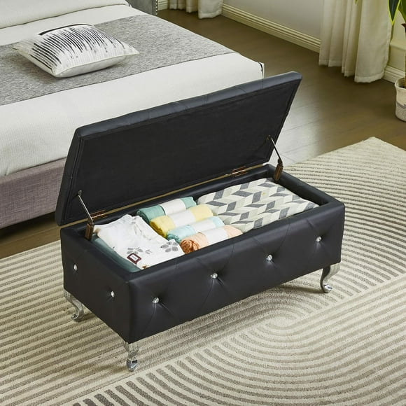 Luxurious Upholstered Storage Ottoman Bench for Bedroom - Elegant Black Faux Leather with Buttons, Large Capacity, Sturdy Metal Legs, Ideal for End of Bed, Living Room, Entryway