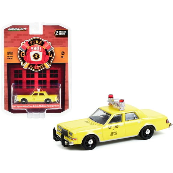 1982 Plymouth Gran Fury Yellow "Detroit Fire Dept Battalion Chief #1" (Michigan) 1/64 Diecast Model Car by Greenlight