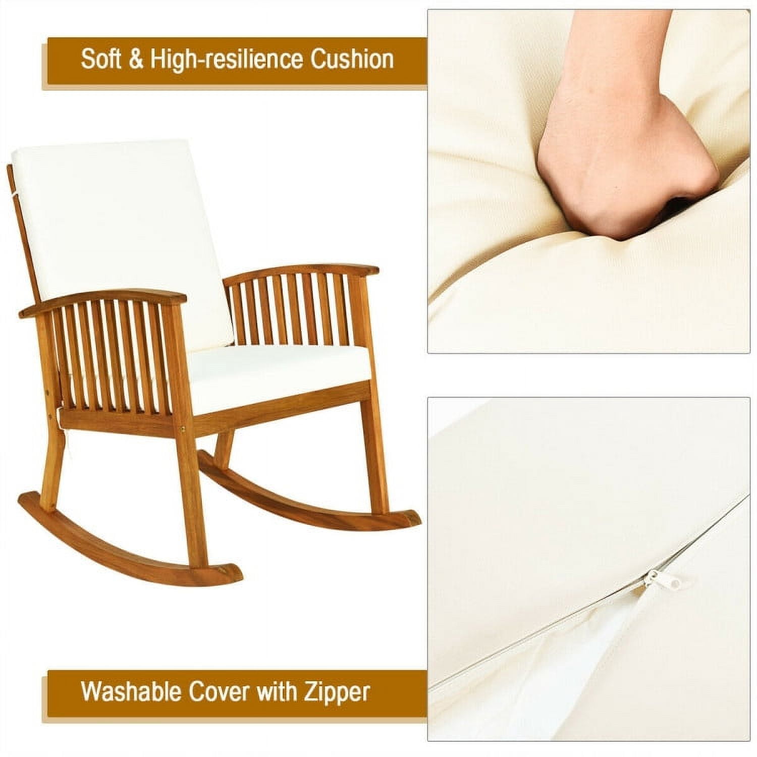 Aimee Lii Outdoor Rocking Chair with Cushion, Patio Wooden Rocker Chair for Lawn, Porch, Backyard, Indoor and Garden, White+Natural