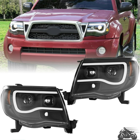 For Toyota Tacoma 2005-2011 Pair LED Tube Black Projector Headlights Headlamps