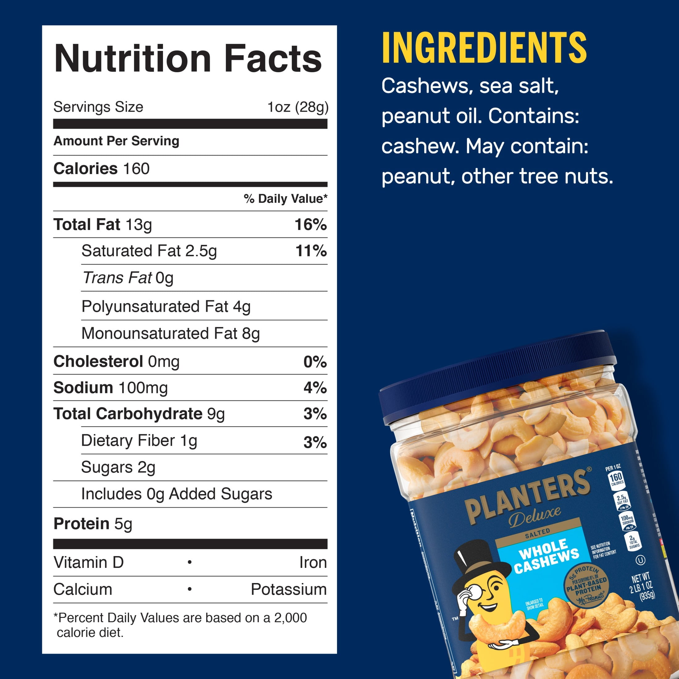 (6 pack) PLANTERS Deluxe Salted Whole Cashews, Party Snacks, Plant Based Protein, 33 oz Plastic Jar