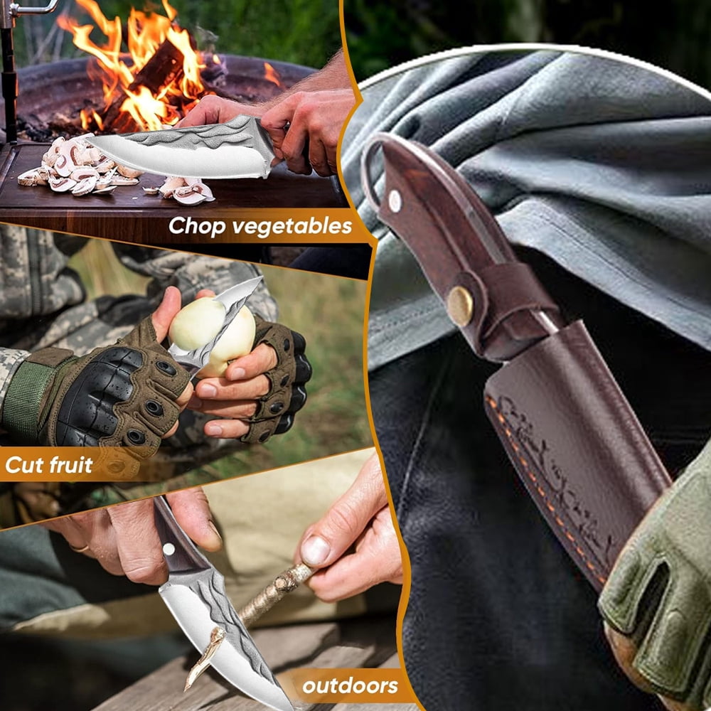 Kitchen Knife Set,Forged Hunting Knife with Heavy Duty Kitchen Shear,Full Tang Fixed Blade Knife Wood Handle with Lanyard,Camping Knife Fishing Knife w/ Sheath