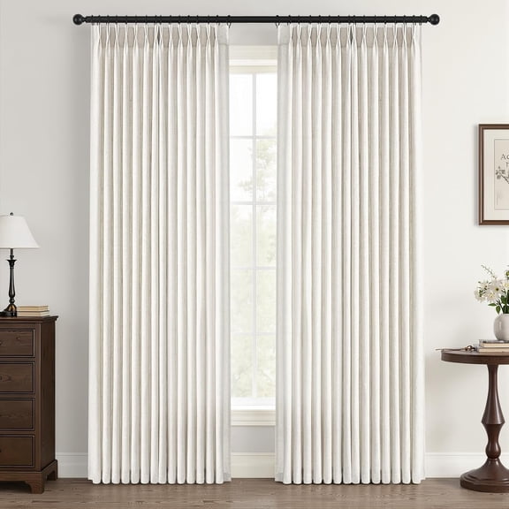 90 inch Pinch Pleated Linen Curtains for Living Room Bedroom Natural Ivory Birch Boho Country Thick Textured Light Filtering Pleat Drapes Back Tab Semi Sheer Window Curtain 2 Panels