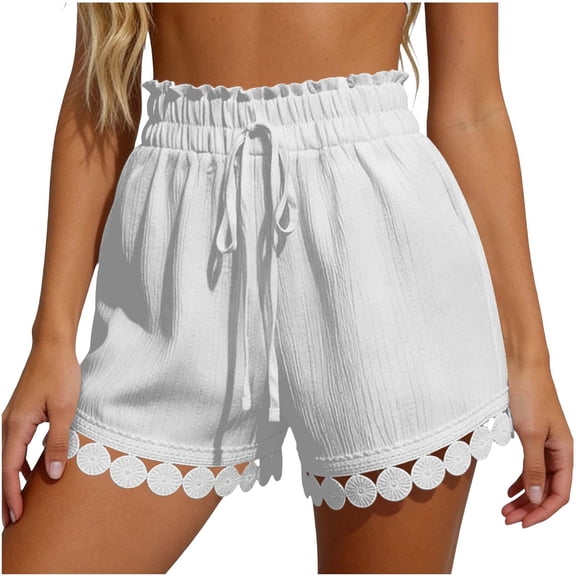 Sevevn Women's Summer Lace Trim Drawstring Shorts High Waist Ruffle Hem Casual Loose Shorts with Pockets White S