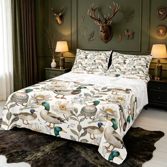 Manfei Rustic Aniaml Mallard Bed Sheets,Vintage Countryside FloralFull Size Sheets,4-Piece,1 Flat Sheet,1 Fitted Sheet and 2 Pillowcases