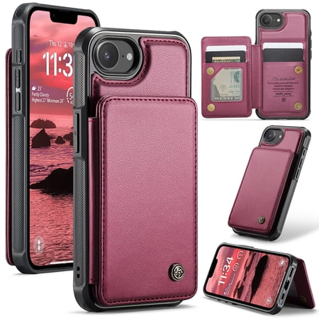 For iPhone 16 E Case with Card Holder, Wallet Flip Cover Case with RFID Blocking, Durable Leather Kickstand Magnetic Clasp Shockproof Phone Case for Women Men,Red