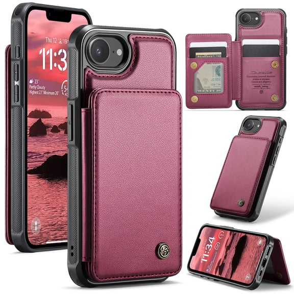 For iPhone 16 E Case with Card Holder, Wallet Flip Cover Case with RFID Blocking, Durable Leather Kickstand Magnetic Clasp Shockproof Phone Case for Women Men,Red