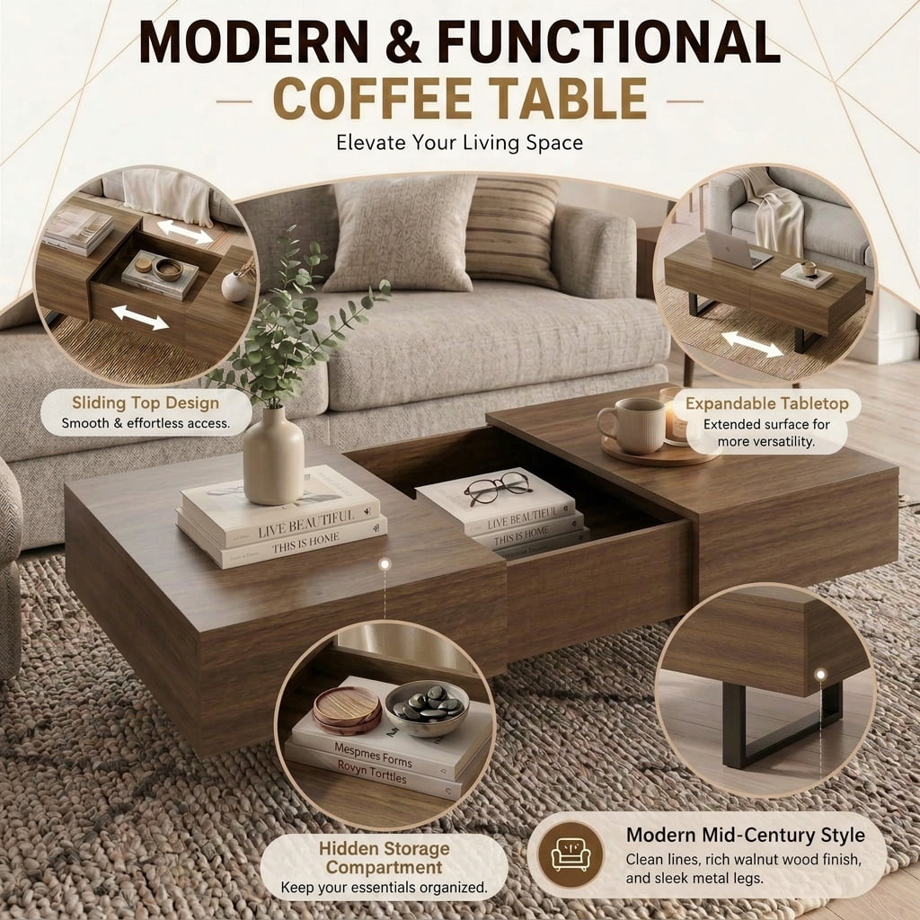 GARITIN Sliding Top Coffee Table with Hidden Storage, Expandable Wood Tabletop, Modern Mid-Century Coffee Table with Storage Compartment for Living Room, Walnut