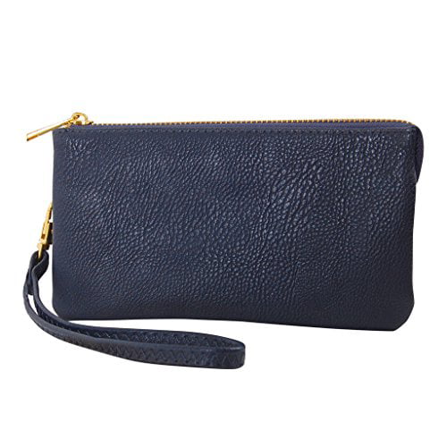 Vegan Leather Wristlet Wallet Clutch Bag - Small Phone Purse Handbag, Navy Blue, Dark Blue ...