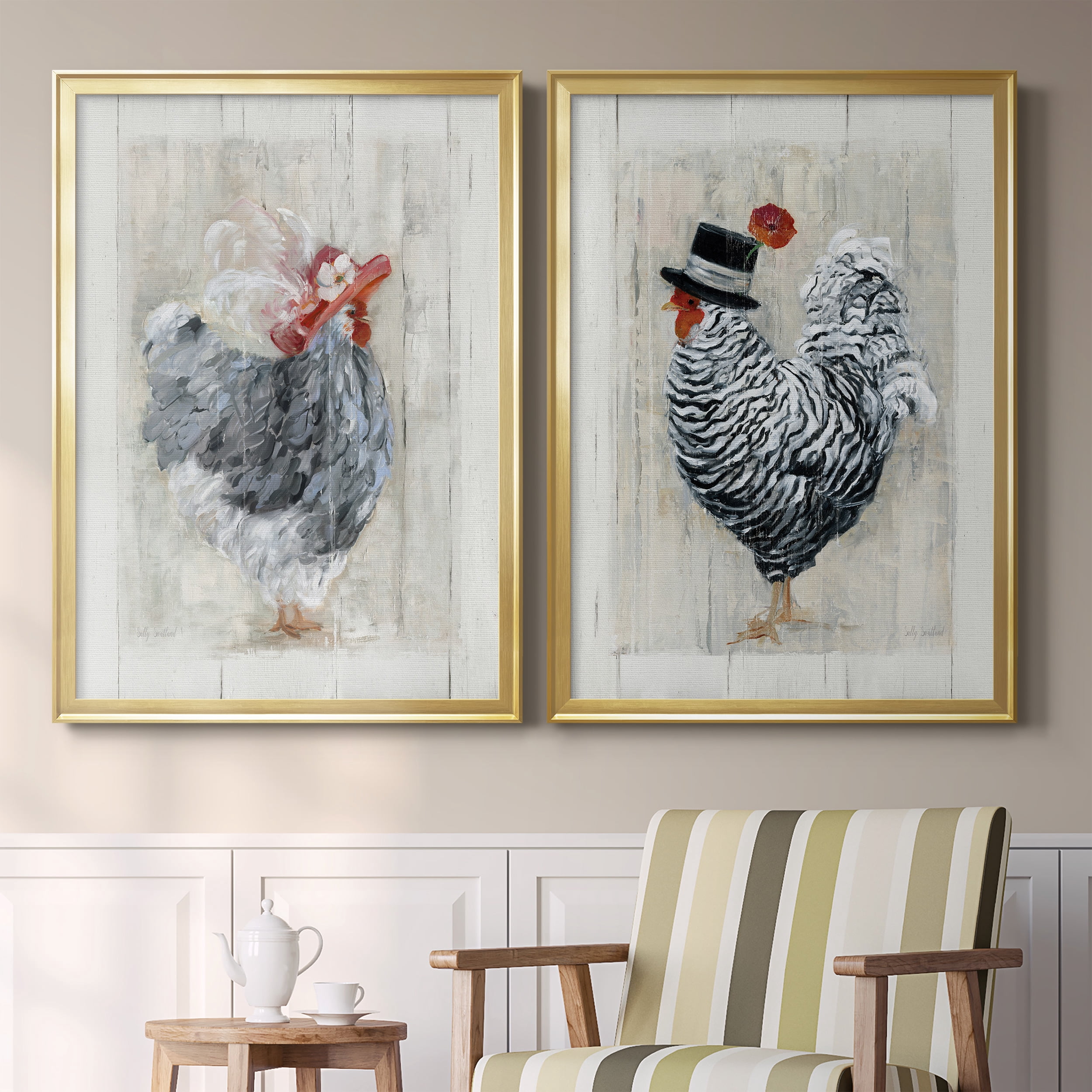 2 Piece Set Sunday Best Hen Premium Framed Canvas - Ready to Hang - 26.5 x 36.5 Each - Gold Frame