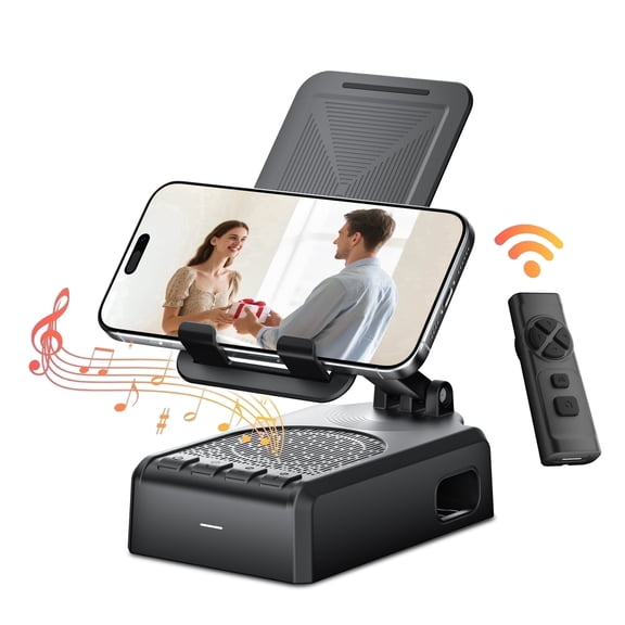 Cell Phone Stand with Bluetooth Speaker and Remote (Video/Camera Control), Wireless Portable Rechargeable Foldable Induction Audio Amplifier with Microphone, Great Gift  Idea