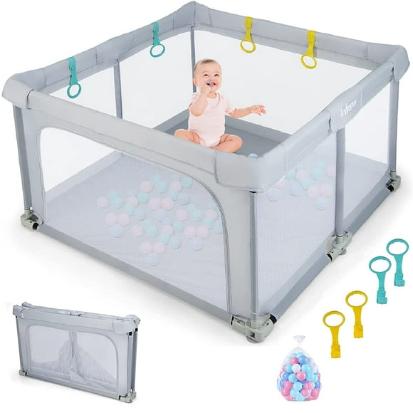 OLAKIDS Baby Playpen Foldable, 50’’x50’’ Large Baby Playard for Toddlers with Gate, Soft Visible Mesh, Indoor Outdoor Kids Activity Center Baby Fence with 4 Handlers 50 Ocean Balls (Gray)