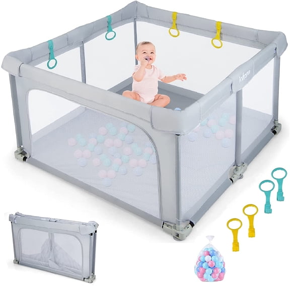 OLAKIDS Baby Playpen Foldable, 50’’x50’’ Large Baby Playard for Toddlers with Gate, Soft Visible Mesh, Indoor Outdoor Kids Activity Center Baby Fence with 4 Handlers 50 Ocean Balls (Gray)