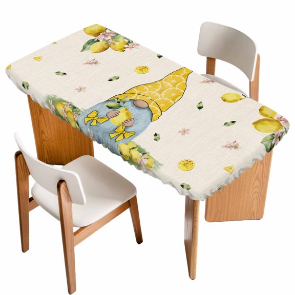 Yellow Lemons Table Cloths for 3 Foot Rectangle Tables, Cute Gnomes Summer Fruits Flowers Vintage Patio Waterproof Elastic Fitted Tablecloths, Washable Rectangular Table Cover for Camping