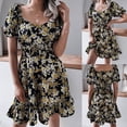 thumbnail image 6 of Women Puff Short Sleeve Sexy V-Neck Midi Swing Dress Boho Floral Print Shirred Elastic Waist A-Line Ruffle Hem Sundress, 6 of 18
