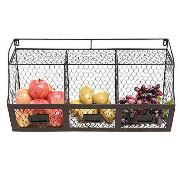 K-Cliffs 3 Compartment Metal Storage Basket Wall Mount  Kitchen Hanging  Organizer Fresh Vegetable Produce,  Color- Black