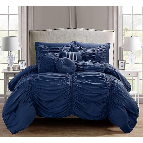 Elegant Comfort Softest, 10pc Pleated Bedding-in-a-Bag, Ruched Ruffle Comforter Set Featuring Decorative Pillows and Fitted Sheet with Storage Pockets, Pleated Comforter, King, Hale Navy