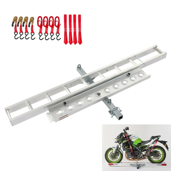 , Aluminum Motorcycle hitch mount carrier, dirt bike rack with loading ramp, 400lb capacity with anti-rattle stabilizer, fits 2" receiver,lightweight & rust-resistant, Silver ,Aluminium Alloy ,