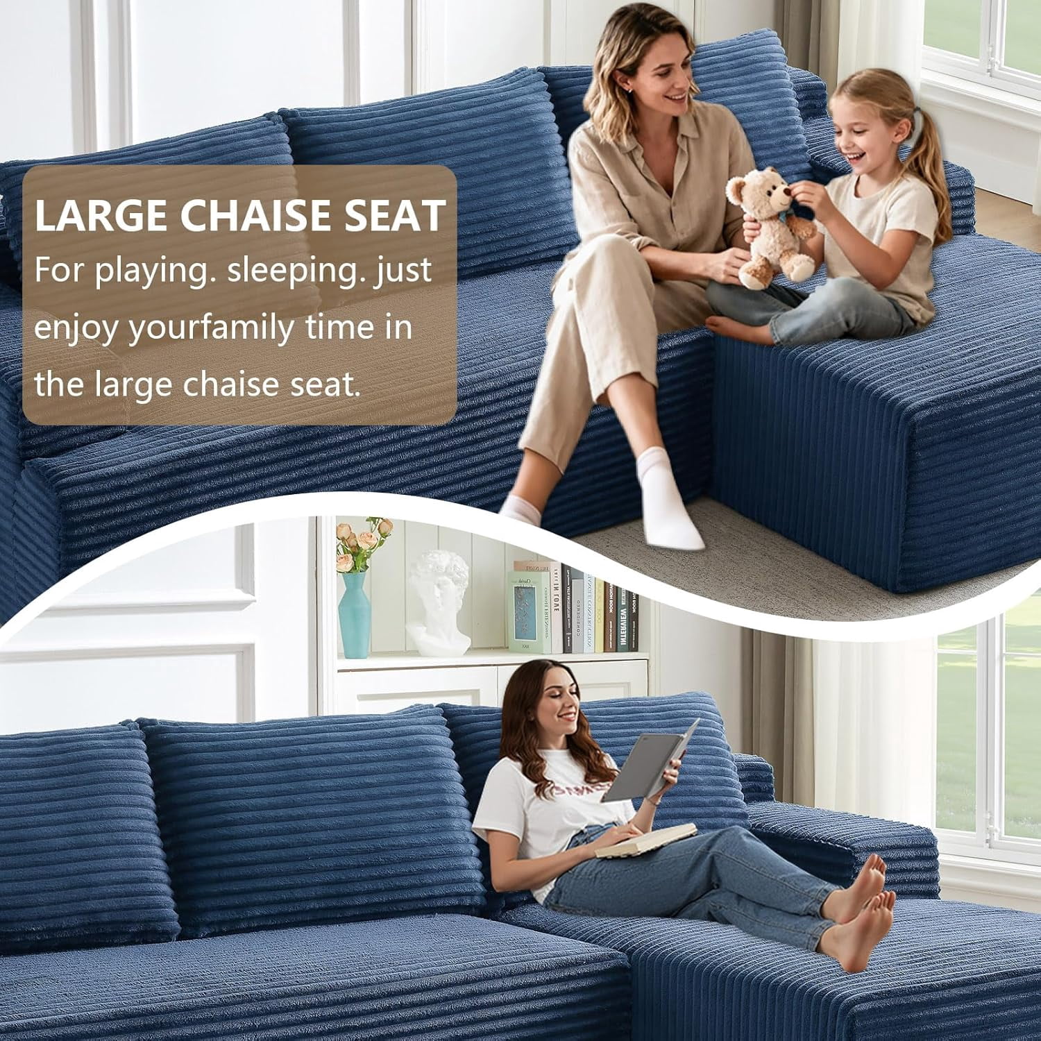 96" Boneless Cloud Couch with Chaise, Modular Sectional Sofa for Living Room, No Assembly Required, Deep Seat Corduroy Couch, Blue