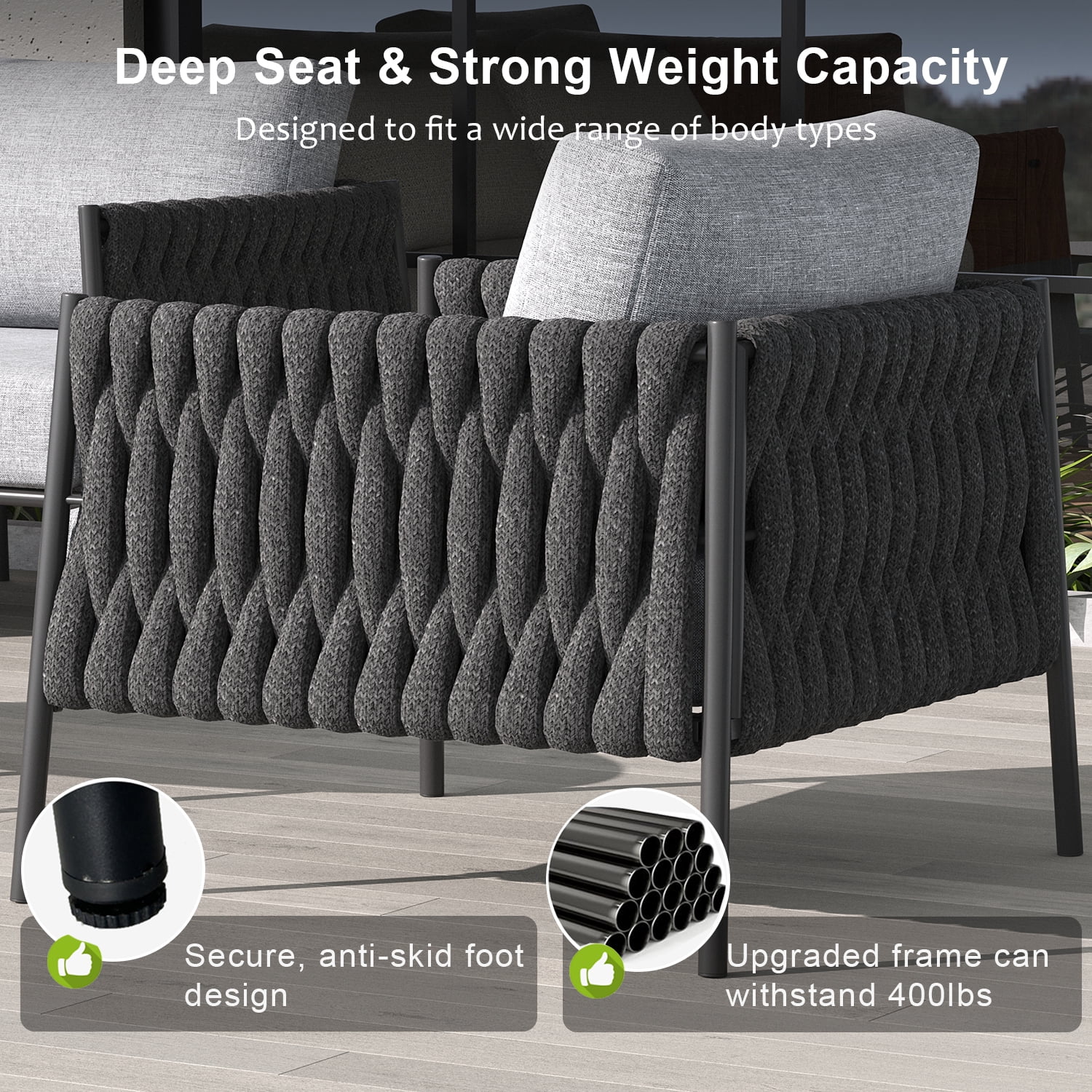 LayinSun 4 Piece Outdoor Furniture Set with Fire Pit Table, Modern Rope Woven Patio Conversation Sofa Set with Olefin Braid and Deep Seating