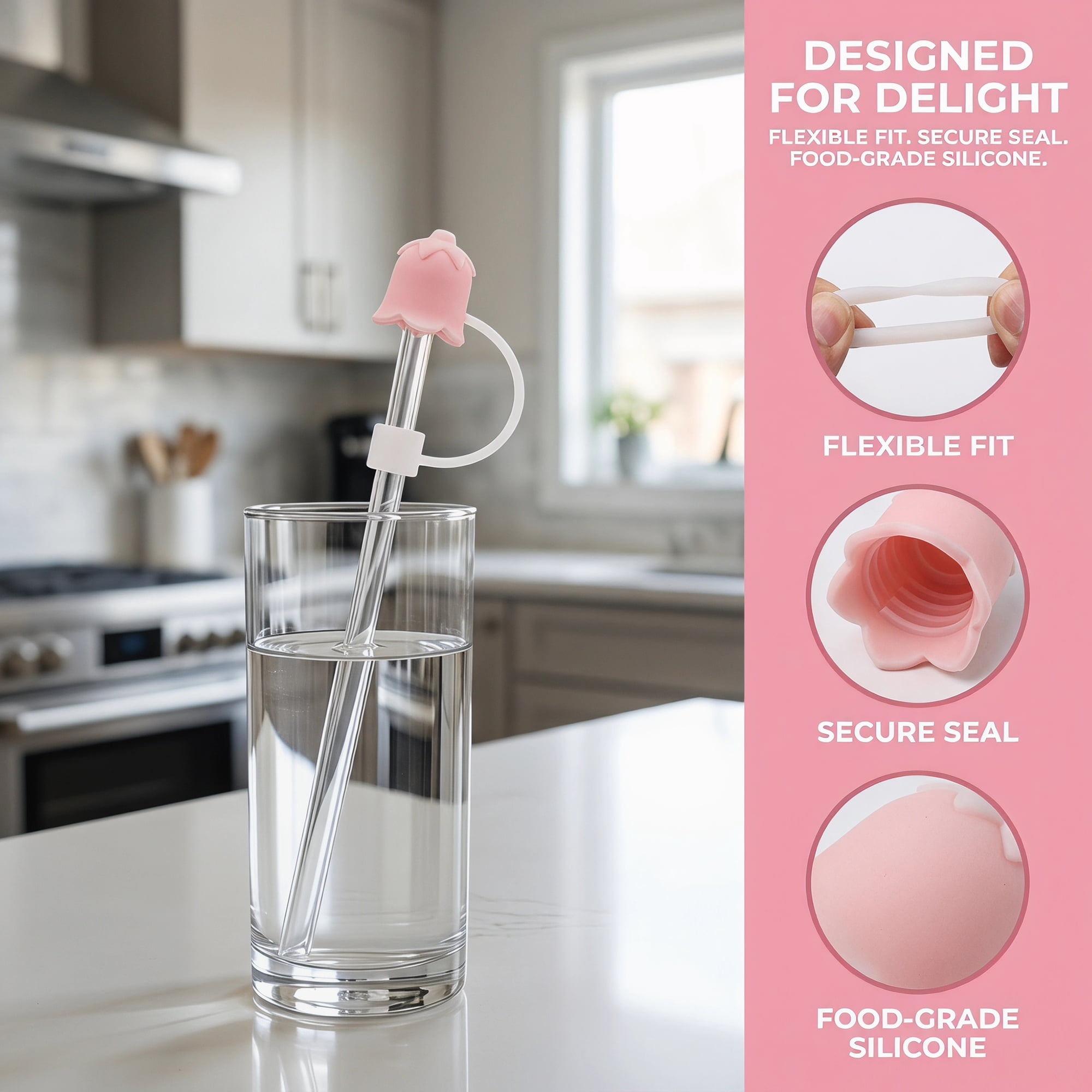 Unique Bargains Silicone Straw Caps Reusable Dust-Proof Toppers Light Pink
