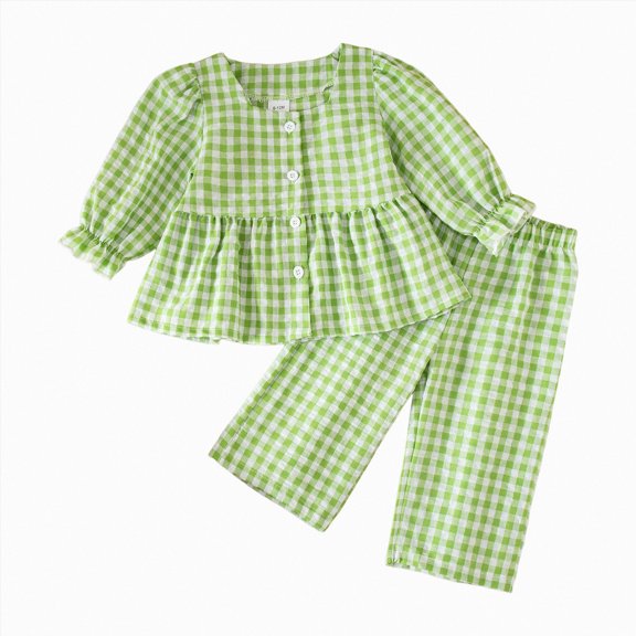 mgoYE Baby Toddler Girls Fall Clothes Set 6 12 18 24 Months 2T 3T 4T 5T Plaid Square Neck Button up Long Sleeve Shirt and Elastic Pants 2 Piece Outfits