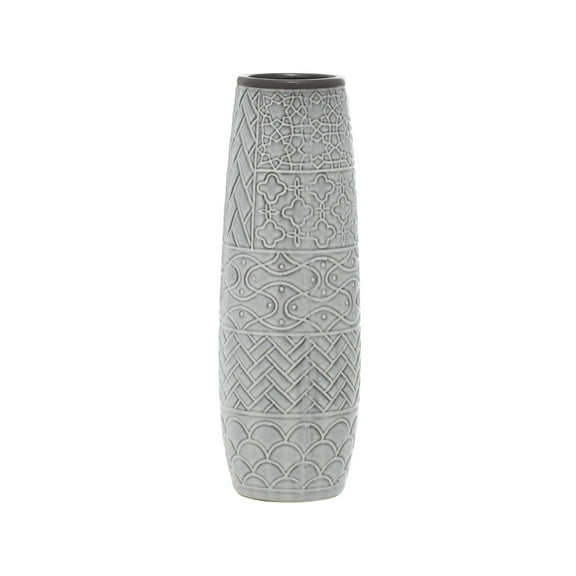 DecMode 16" Slim Engraved Patterned Gray Ceramic Vase with Varying Patterns