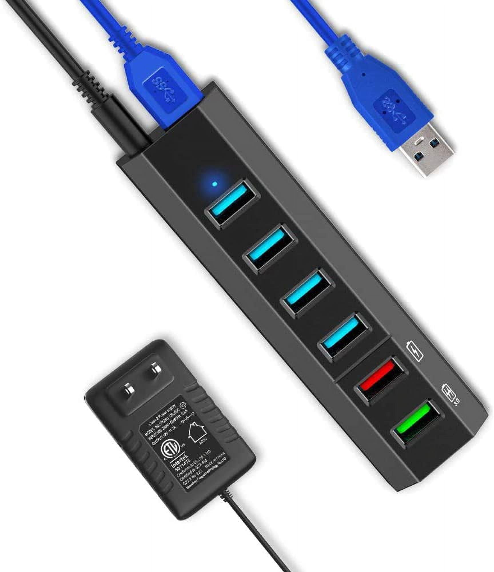 HRTGFD-USB Hub, 6 Ports Super High Speed USB 3.0 Hub Splitter + 24W Power Adapter + USB 3.0 Cable, Black Smart Fast Charger Powered USB Hub for Laptop, Mac, PC, Mobile HDD, Mulitple Devices