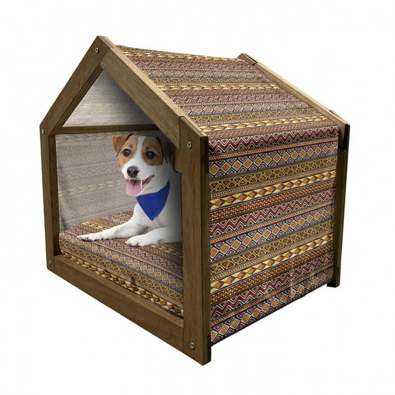 African Pet House, Motifs from the Dark Continent Diamond Shape Zig Zag and Triangles Culture, Outdoor & Indoor Portable Dog Kennel with Pillow and Cover, 5 Sizes, Multicolor, by Ambesonne
