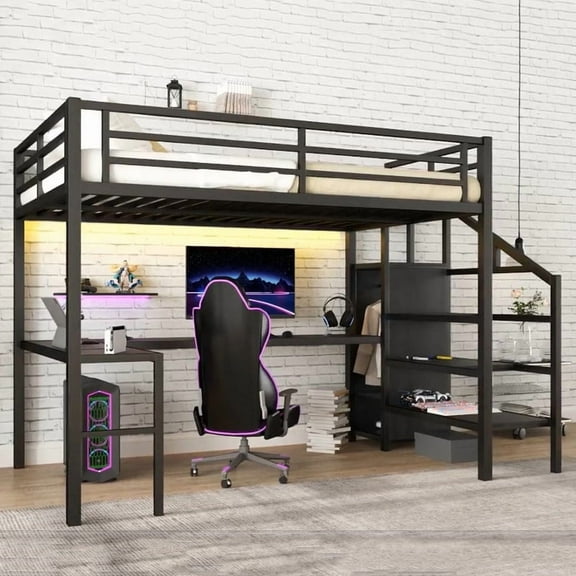 Loft Bed with Stairs and Wardrobe, Full Size Metal Loft Beds Frame with L-Shape Desk and LED Lights, Loft Bed Full with USB Charging Station, Gaming Loft Bed No Box Spring Needed-Black