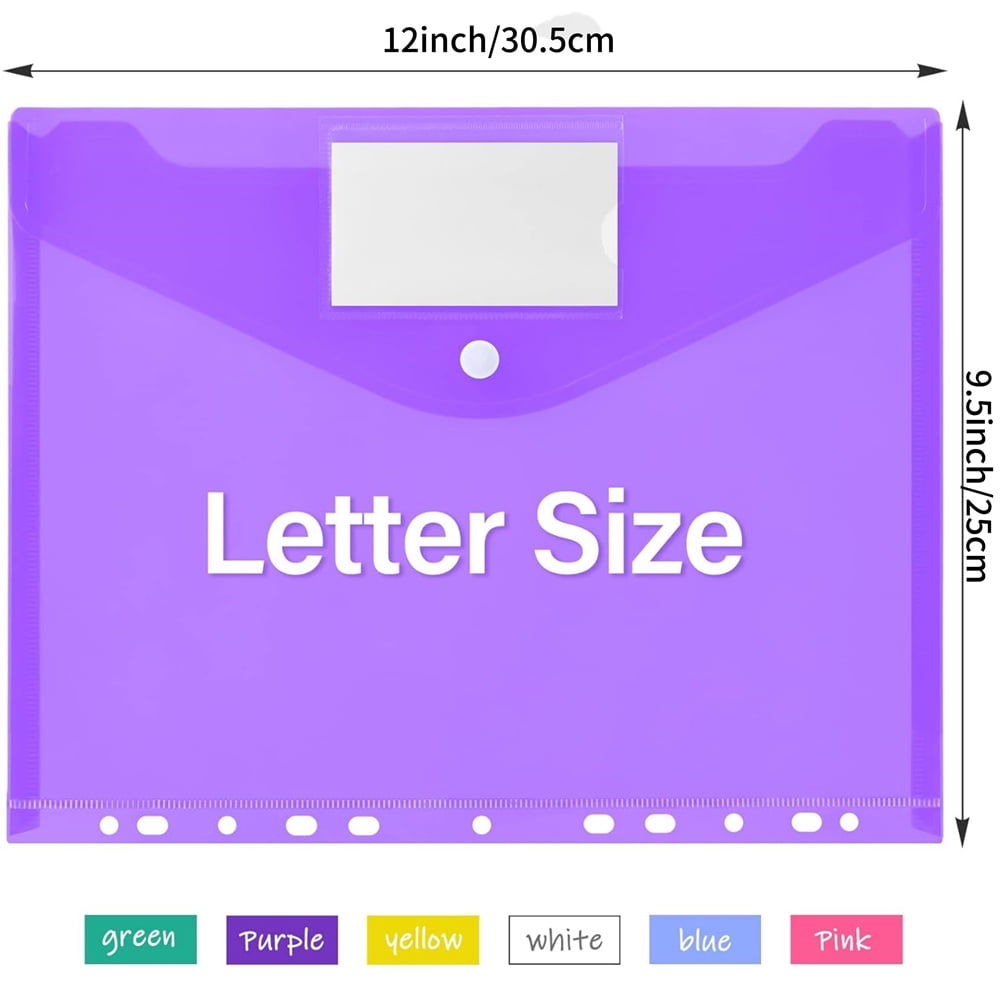 6 Assorted Color Document Folders,Plastic Binder Pocket with Snap Button and Lable,11 Holes Poly Filing Envelopes,Letter A4 Size Expandable File Pouch,Home Work Office Organizer,Set of 12