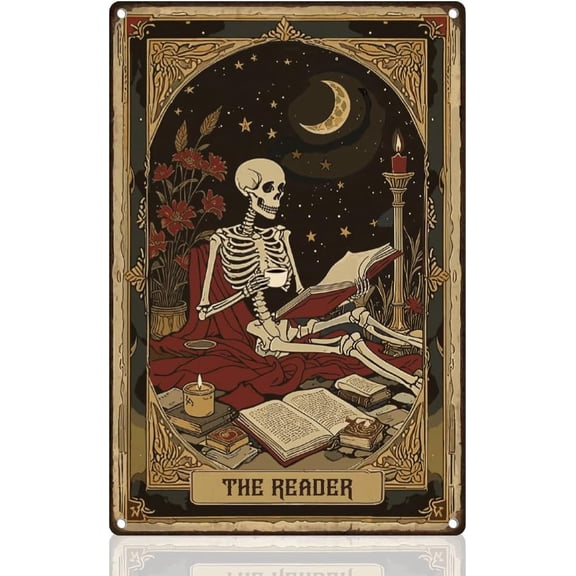 Skeleton Reader Tin Sign Retro Metal Wall Decor 8" x 12" Vintage The Reader Tarot Halloween Vintage Wall Art Poster for Home Library Cafe Reading Room Classroom Decor Gift