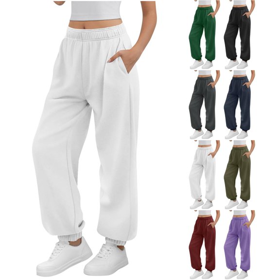 Hzzrkos Women Casual Athletic Solid Color High Waist Loose Long Jogger Pants Drawstring Side Pockets Soft Polyester Trousers Yoga Workout Running Daily Lounge Outdoor