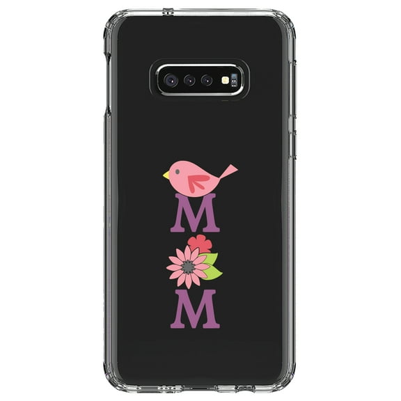 DistinctInk Clear Shockproof Hybrid Case for Samsung Galaxy S10e (5.8" Screen) - TPU Bumper Acrylic Back Tempered Glass Screen Protector - Mom - Pink Bird & Flowers