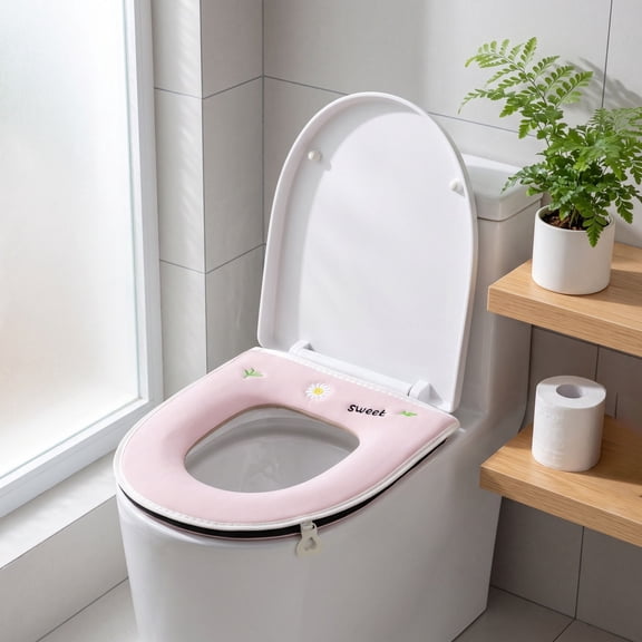 Zippered Washable Toilet Seat Cover with Embroidered Design for Universal Fit, Soft Cushion for Year-Round Comfort and Easy Cleaning