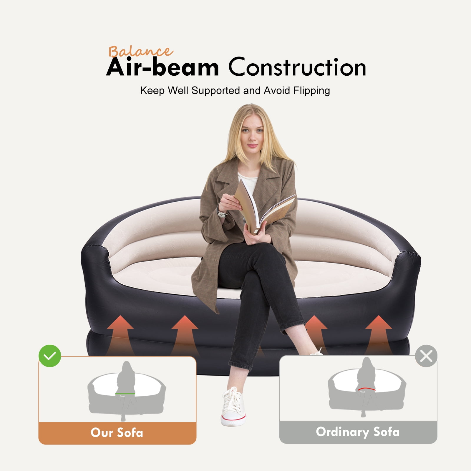 Honeydrill Inflatable Sofa, Air Couch for Camping, Black&Beige(No Pump Included)