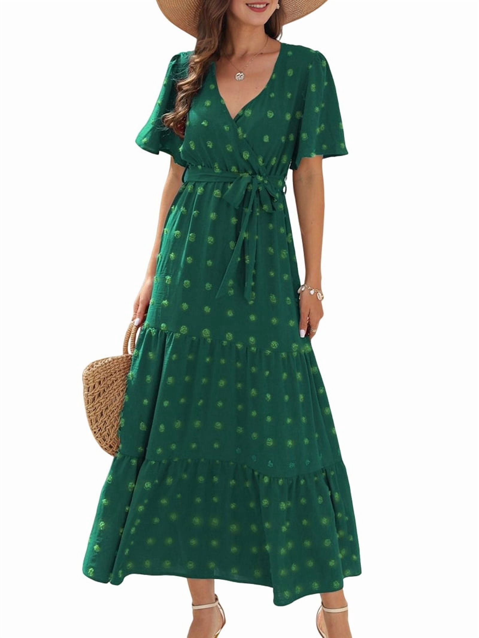 Boho Dot Summer Maxi Dresses for Women Wrap V Neck Short Sleeve Long Flowy Church Wedding Guest Dress Green L
