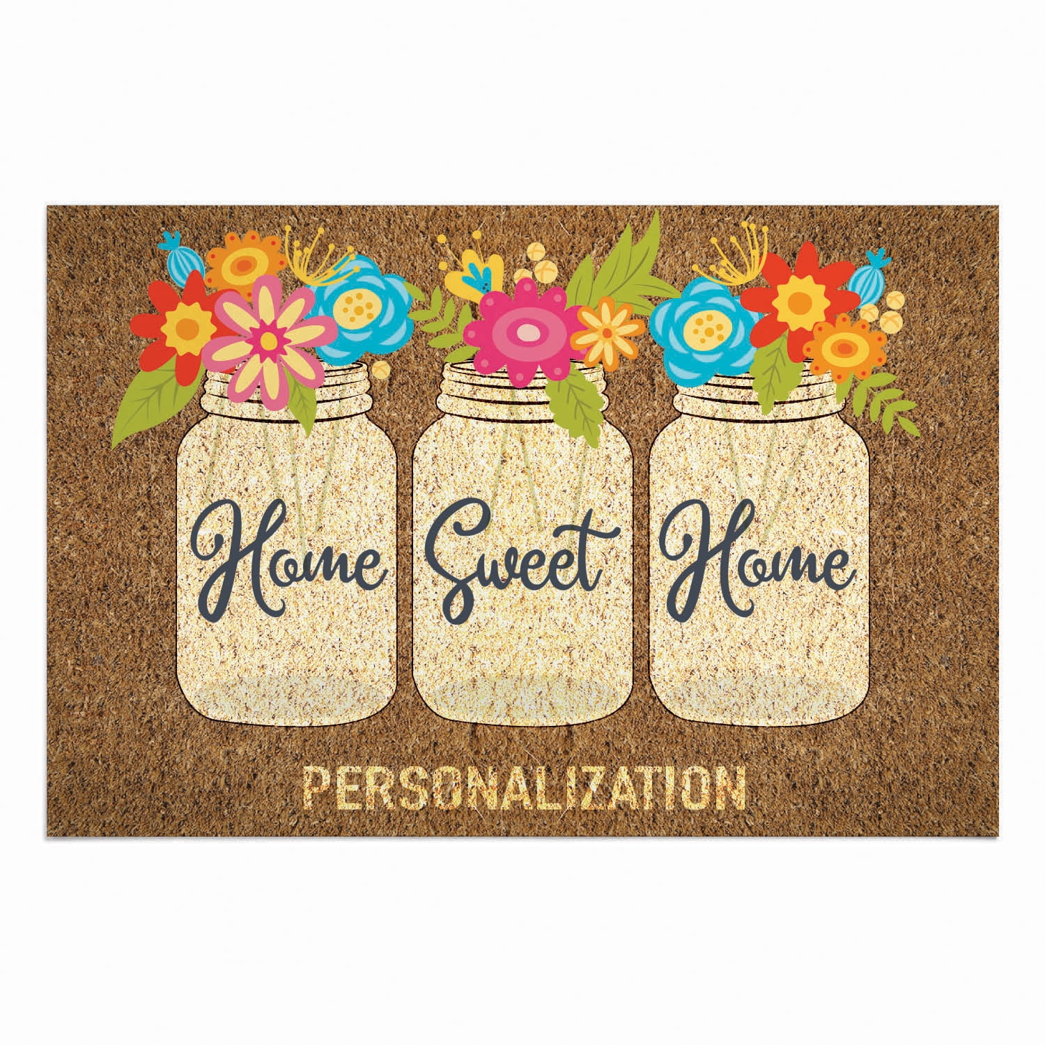 Personalized Planet 27x18 Home Sweet Home Mason Jars with Spring Flowers Doormat with Custom Family Name Printed on Brown Rectangular 1/4” Thick Non Slip Mat for Kitchen Hallway Deck or Porch