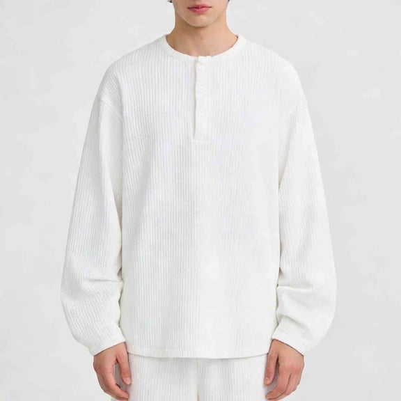 Yaoyar Mens Solid Color Long Sleeve Minimalist Tee Button Detail Design Casual Cotton Fabric Relaxed Fit Long Sleeve T-Shirt